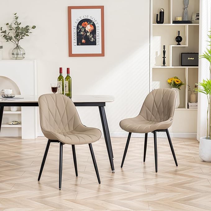 YOUNIKE Dining Chairs Set of 2, Khaki Comfy Padded Kitchen Chairs, Armless Modern Faux Leather Upholstered Dining Room Chairs, Elegant Dinning Chairs Side Chairs, Loads up to 300LBS - LeafyLoom