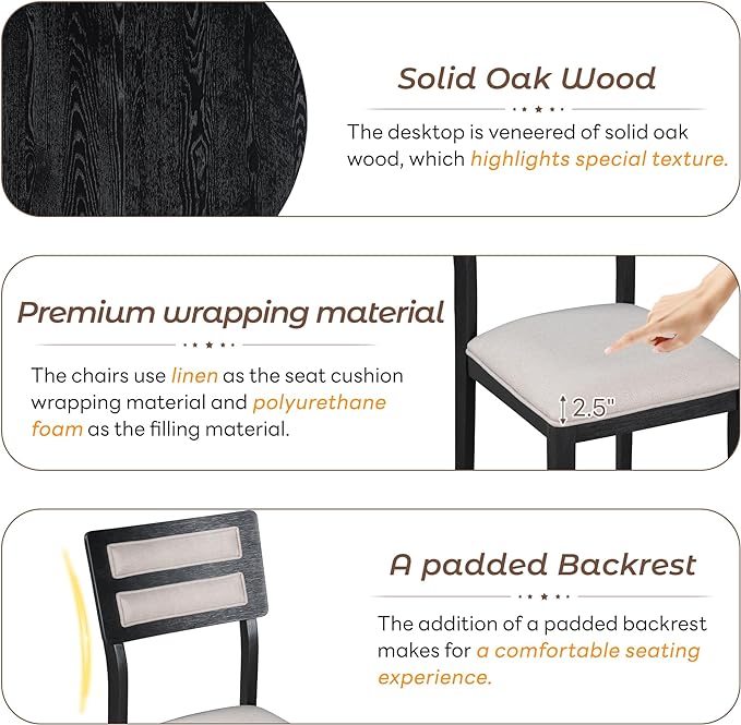 Multifunctional Farmhouse Extendable Round, 2 Small Drawers and 4 Upholstered Chairs, Room, Kitchen, 5 Piece Dining Table Set, Black 20 - LeafyLoom