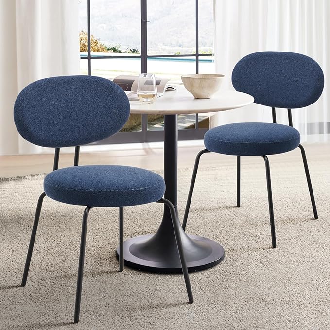 COLAMY Modern Fabric Dining Chairs Set of 6, Mid Centry Upholstered Dining Room Kitchen Chairs with Curved Backrest, Round Seat, Black Metal Legs, Blue - LeafyLoom