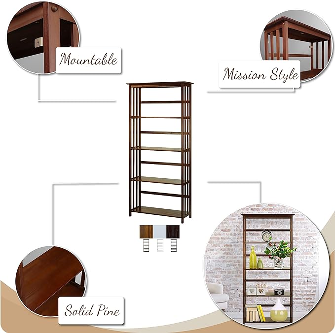 Casual Home Mission Style 5-Shelf Bookcase, Walnut - LeafyLoom