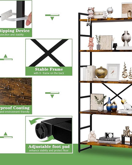 Walsunny Bookshelf, 5 Tier Bookshelves, Home Office Bookcase Shelf Storage Organizer, Free Standing Storage Shelving Unit for Bedroom, Living Room and Home Office,Rustic Brown - LeafyLoom