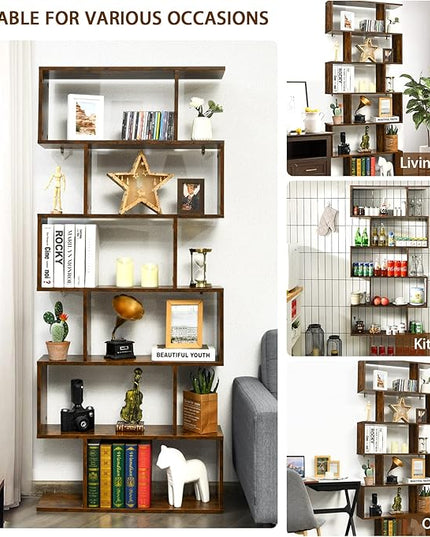 BETTARY 6-Tier Bookshelf, Freestanding S-Shaped Geometric Display Shelf, Modern Tall Bookcase for Home Office, Living Room, Bedroom, Coffee - LeafyLoom