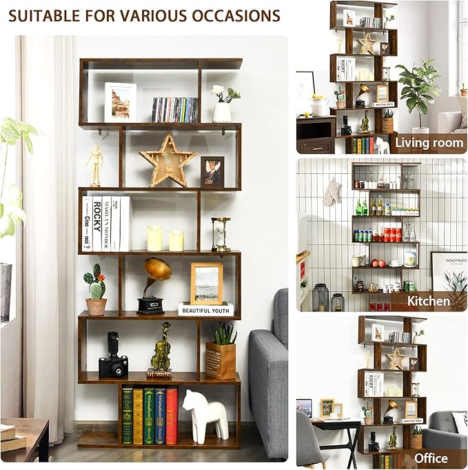 BETTARY 6-Tier Bookshelf, Freestanding S-Shaped Geometric Display Shelf, Modern Tall Bookcase for Home Office, Living Room, Bedroom, Coffee - LeafyLoom