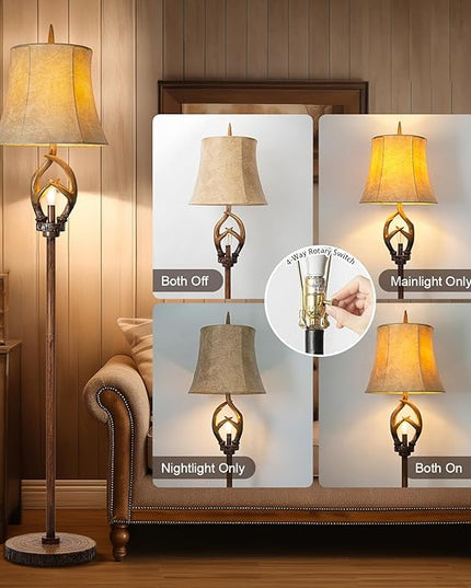 Rustic Farmhouse Antlers Floor Lamp with Night Light Faux leather Bell Shade Brown Finish Tall Industrial Tall Standing Lamp Decor for Living Room Bedroom Hotel Office (LED Bulb Included) - LeafyLoom
