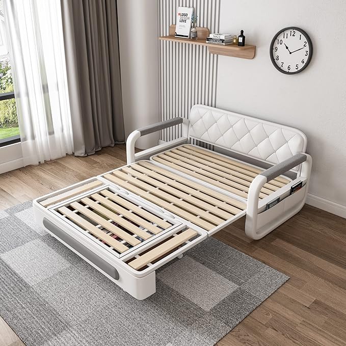 62" Modern Light Gray Cotton Linen Upholstered Convertible Pull Out Sofa Bed Storage - LeafyLoom