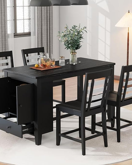NicBex Dining Room Table Set for 4 Kitchen Table and Chairs Counter Height 5-Piece Dining Table Set with Faux Marble Tabletop, Solid Wood Table Set with Storage Cabinet and Drawer, Black - LeafyLoom