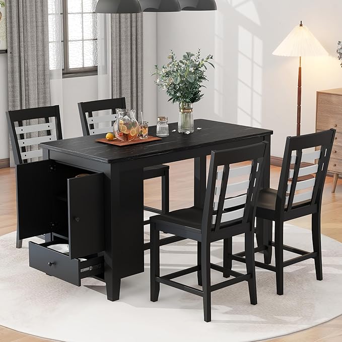 NicBex Dining Room Table Set for 4 Kitchen Table and Chairs Counter Height 5-Piece Dining Table Set with Faux Marble Tabletop, Solid Wood Table Set with Storage Cabinet and Drawer, Black - LeafyLoom