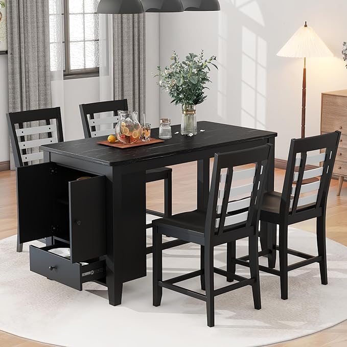5-Piece Counter Height Wood Dining Table Set with Faux Marble Tabletop, Storage Cabinet and Drawer & 4 Matching Chairs, Black - LeafyLoom