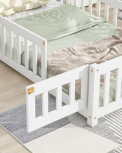 Twin Size Kids Montessori Floor Bed,House-Shaped Headboard Floor Bed for Kids,Floor Bed with Fence and Door,House Bed Twin Frame for Girls,Boys(Twin,White) - LeafyLoom