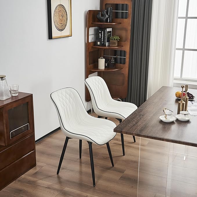 YOUNIKE White Dining Chairs set of 2 with High Backs Mid Century Modern Kitchen & Dining Room Chairs PU Faux Leather Upholstered sillas de comedor Comfortable Large Padded Accent Chair with Metal Legs - LeafyLoom