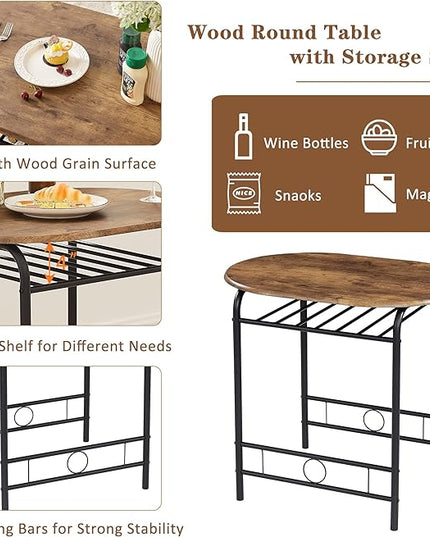 VECELO 3 Piece Small Round Dining Table Set for Kitchen Breakfast Nook, Wood Grain Tabletop with Wine Storage Rack, Save Space, 31.5", Antique & Black - LeafyLoom