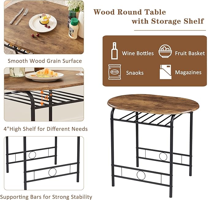 VECELO 3 Piece Small Round Dining Table Set for Kitchen Breakfast Nook, Wood Grain Tabletop with Wine Storage Rack, Save Space, 31.5", Antique & Black - LeafyLoom