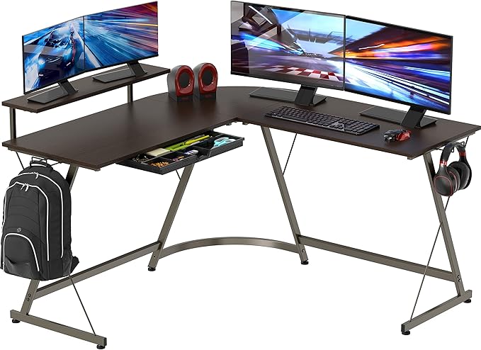 SHW Vista L-Shape Desk with Monitor Stand, Espresso - LeafyLoom