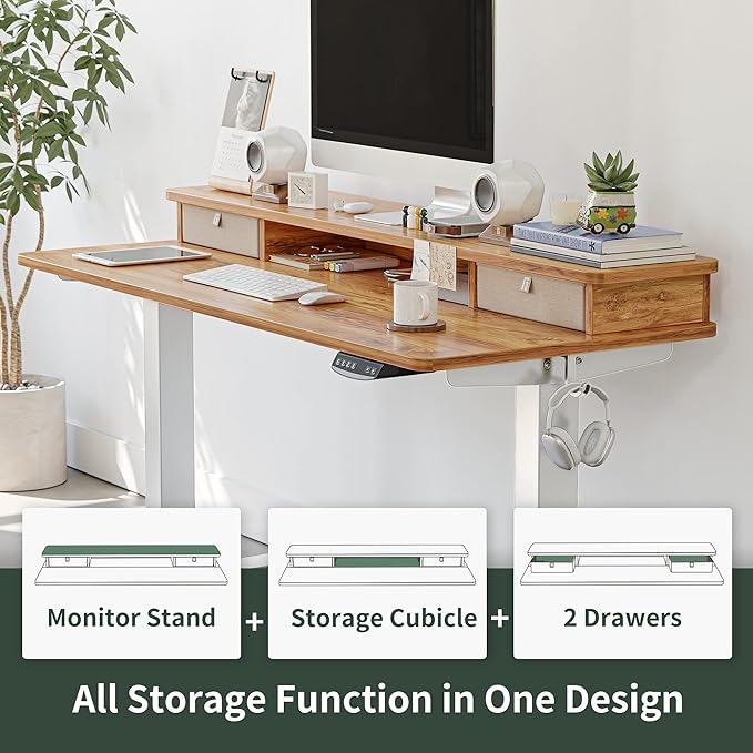 FEZIBO 40 x 24 Inch Height Adjustable Electric Standing Desk with Double Drawer, Stand Up Desk with Storage Shelf, Sit Stand Desk, Light Rustic - LeafyLoom