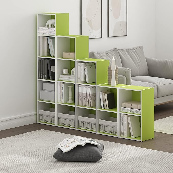 Furinno Luder Bookcase / Book / Storage, 2-Tier Cube, Green/White - LeafyLoom
