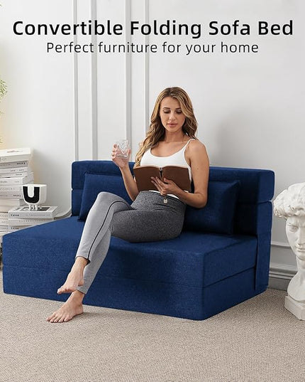 Convertible Folding Sofa Bed-Sleeper Chair with Pillow, Modern Linen Fabric Floor & Futon Couch, Foldable Mattress for Living Room/Dorm/Guest Use/Home Office/Apartment, Queen Size,Navy Blue - LeafyLoom