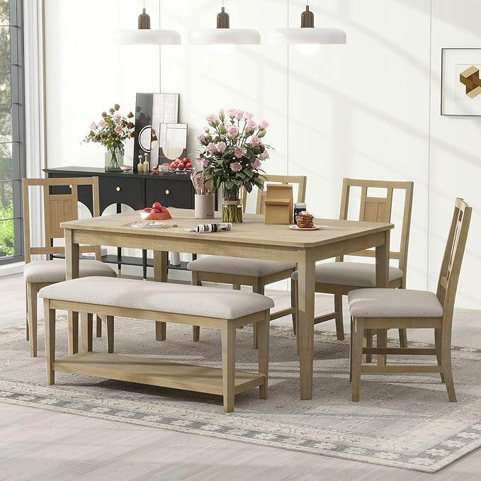 6-Piece Retro Dining Set, Minimalist Rectangular Table and 4 Upholstered Chairs & 1 Bench with a Shelf for Kitchen Living Room, Natural Wood Wash, 60" L x 43" W x 30" H - LeafyLoom