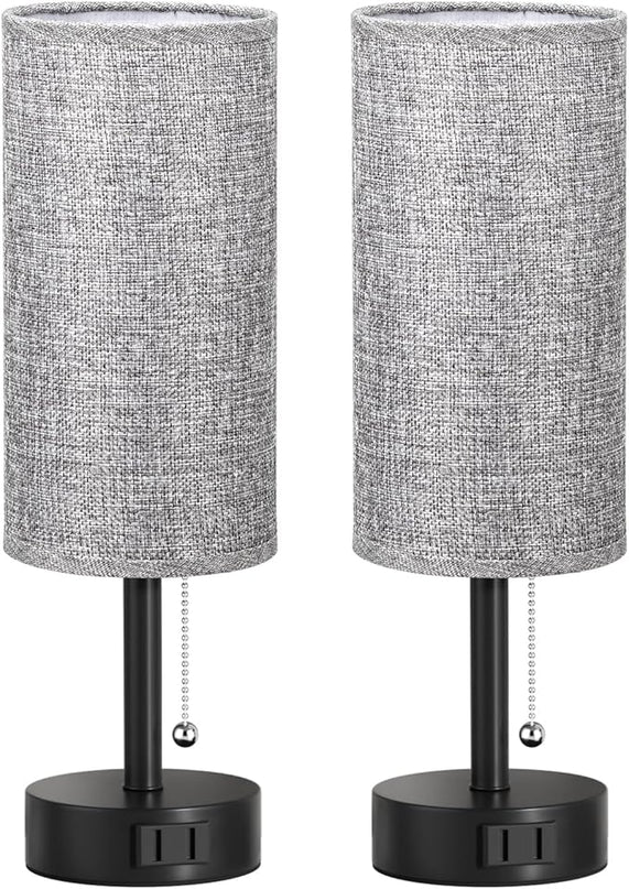 Grey Bedside Table Lamps Set of 2-3 Color Temperatures Pull Chain Lamp with AC Outlet Charging Port, Two Round Night Stand Lamps for Bedroom Office, Small Bed Side Light with E26 LED Bulbs - LeafyLoom