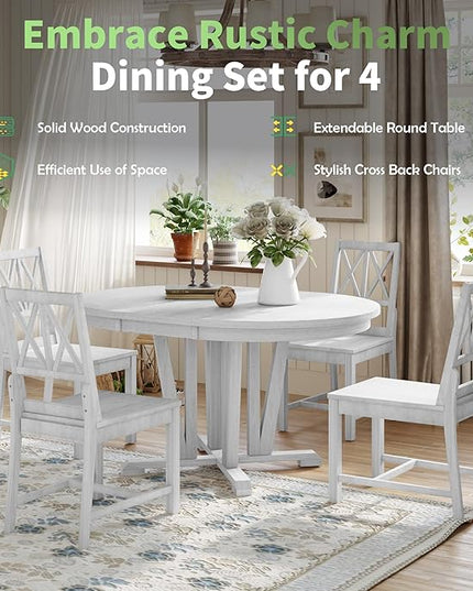 Rustic Round Trestle, Extending w/4 Cross Back Chairs, Easy Assembly, Room, Kitchen, Small Place, 5 Piece Dining Table Set, Gray 11 - LeafyLoom