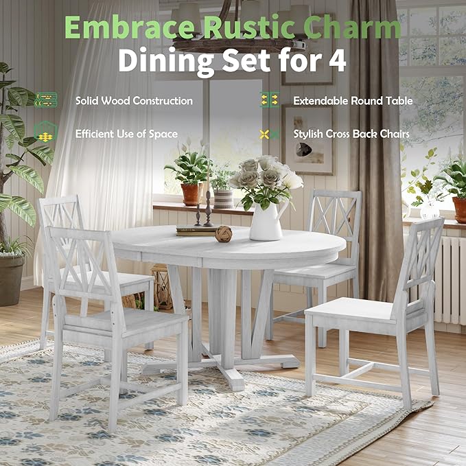 Rustic Round Trestle, Extending w/4 Cross Back Chairs, Easy Assembly, Room, Kitchen, Small Place, 5 Piece Dining Table Set, Gray 11 - LeafyLoom