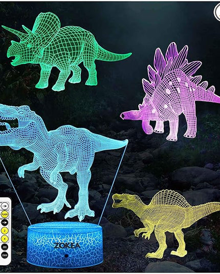 Dinosaur Toys, Dinosaur Gifts for Boys 7 Colors Changing 3D Dinosaur Night Light (4 Patterns) with Timer & Remote Control & Smart Touch, Gifts for Boys Girls Age 2 3 4 5 6 7 8 Year Old Boy Gifts - LeafyLoom