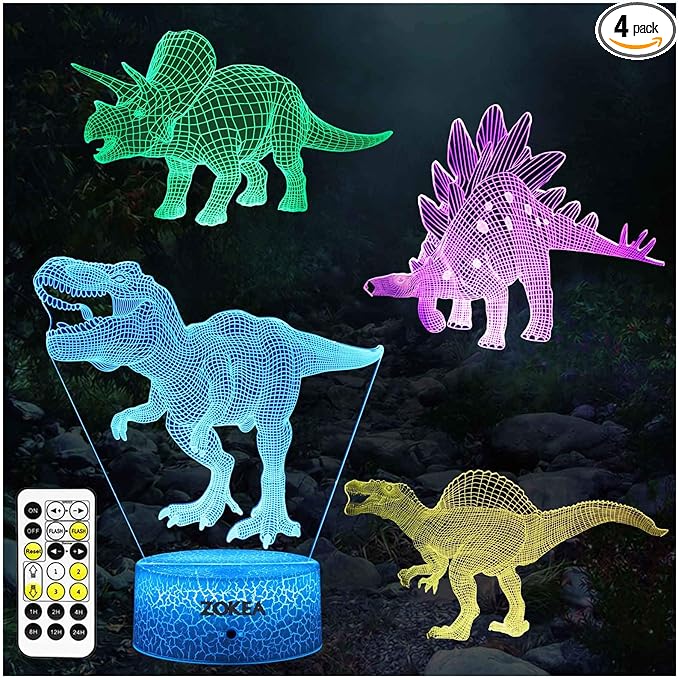 Dinosaur Toys, Dinosaur Gifts for Boys 7 Colors Changing 3D Dinosaur Night Light (4 Patterns) with Timer & Remote Control & Smart Touch, Gifts for Boys Girls Age 2 3 4 5 6 7 8 Year Old Boy Gifts - LeafyLoom