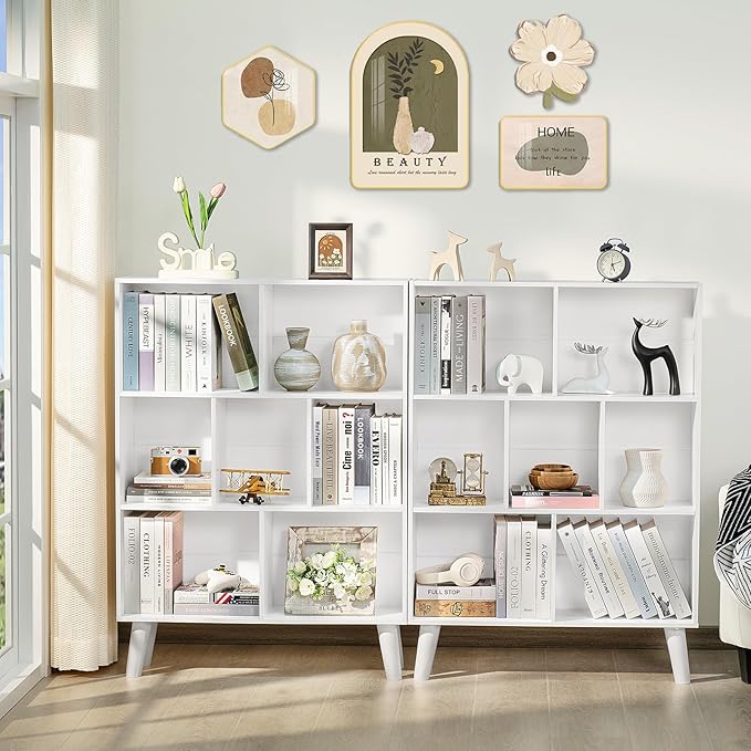 YAHARBO Pure White Bookshelf,3 Tier Book Shelf with Legs, 7 Cube Simple Bookcase,Storage Organizer Shelves Display Bookcases for Bedroom,Living Room - LeafyLoom