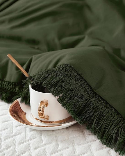 Litanika Queen Size Comforter Set Olive Green, 3 Pieces Dark Green Boho Tassel Bed Comforter, All Season Oversized Bedding Comforter Sets (1 Comforter 90x90 inch, 2 Pillowcases) - LeafyLoom
