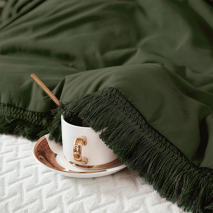 Litanika Queen Size Comforter Set Olive Green, 3 Pieces Dark Green Boho Tassel Bed Comforter, All Season Oversized Bedding Comforter Sets (1 Comforter 90x90 inch, 2 Pillowcases) - LeafyLoom