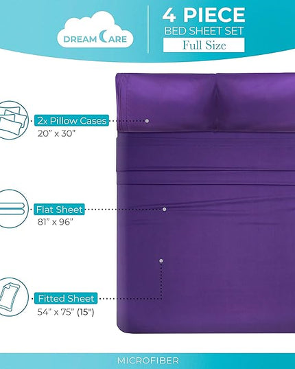 DREAMCARE Full Size Sheets - Cooling Bed Sheets - 4pcs Set - up to 15" Deep Pocket Full Sheet Set - Sheets Full Size Bed - Soft & Long Lasting 100% Fine Brushed Polyester with Side Pocket - Purple - LeafyLoom