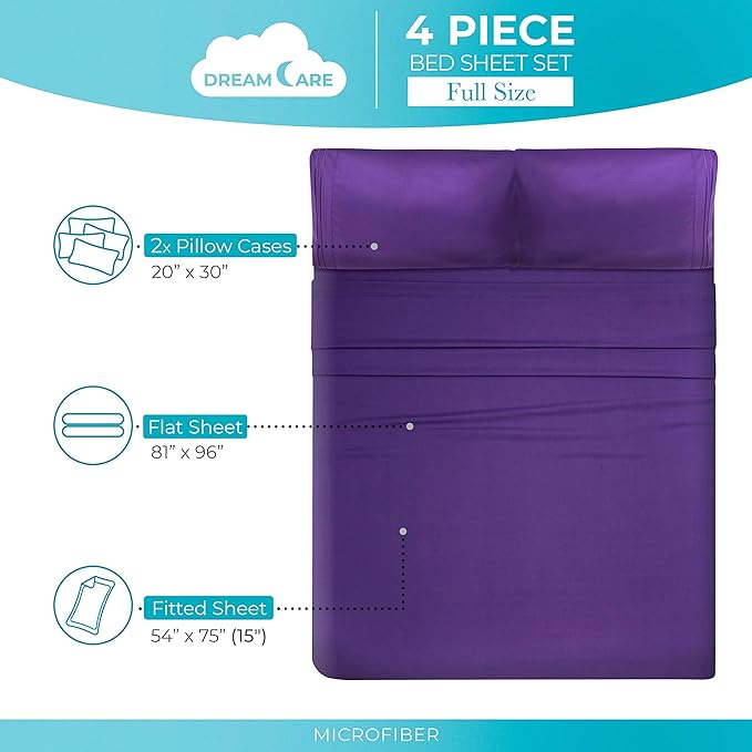DREAMCARE Full Size Sheets - Cooling Bed Sheets - 4pcs Set - up to 15" Deep Pocket Full Sheet Set - Sheets Full Size Bed - Soft & Long Lasting 100% Fine Brushed Polyester with Side Pocket - Purple - LeafyLoom