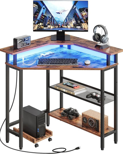 HOOBRO Corner Desk, Gaming Table with Charging Station and LED Strip, 90° Corner Computer Table, Mobile PC Holder, Adjustable Mesh Shelf, for Small Space/Home Office, Rustic Brown and Black BB70UDDN01 - LeafyLoom