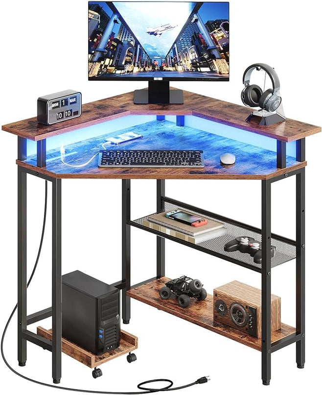 HOOBRO Corner Desk, Gaming Table with Charging Station and LED Strip, 90° Corner Computer Table, Mobile PC Holder, Adjustable Mesh Shelf, for Small Space/Home Office, Rustic Brown and Black BB70UDDN01 - LeafyLoom