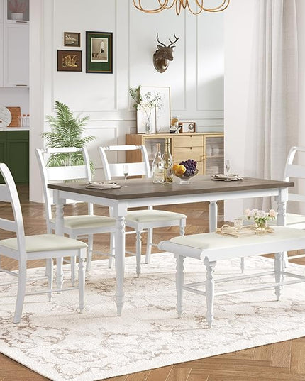 Dining Table Set for 6, 6-Piece Dining Table and Chair Set with Turned Legs,Upholstered Dining Chairs and Bench, Dining Room Table Set for Living Room, White - LeafyLoom