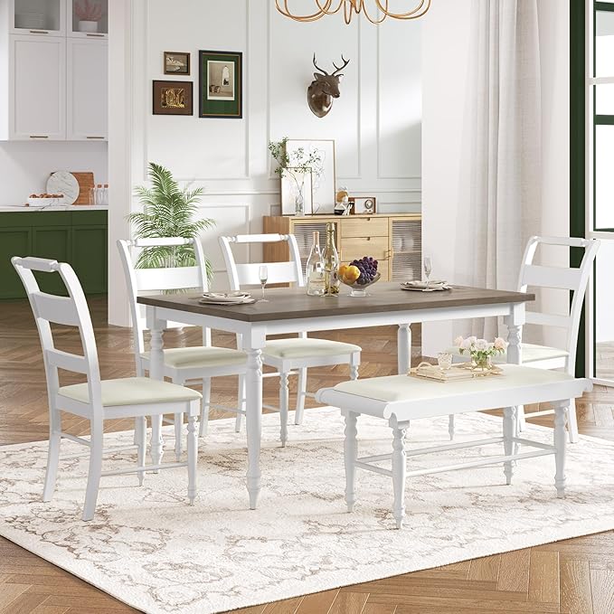 Dining Table Set for 6, 6-Piece Dining Table and Chair Set with Turned Legs,Upholstered Dining Chairs and Bench, Dining Room Table Set for Living Room, White - LeafyLoom