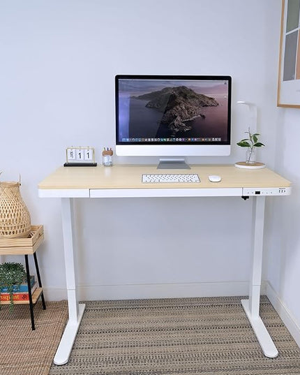Mount-It! 47.2" Wide x 28.3" Deep Electric Height Adjustable Desk, Ergonomic Standing Workspace, Height Adjustment up to 46.5" Tall, Large Desktop, USB Ports, Drawer, Home Office, White, Maple Top - LeafyLoom