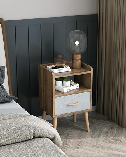 LUCKNOCK NightStand with Fabric Drawer, Bedside Table with Solid Wood Legs, Minimalist and Practical End Side Table with Open Storage Shelf for Bedroom,Walnut. - LeafyLoom