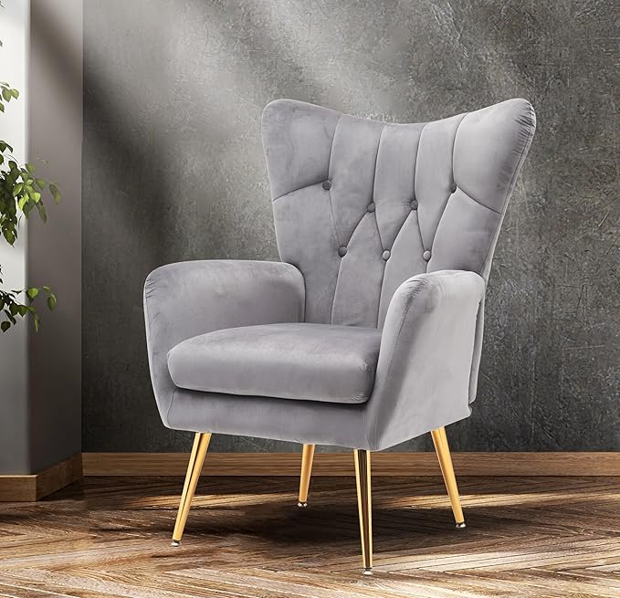 US Pride Furniture Modern Accent Chair with Ergonomic High Wingback, Microfiber Upholstered Armchair with Metal Legs for Living Room, Bedroom, Office or Vanity, Grey - LeafyLoom