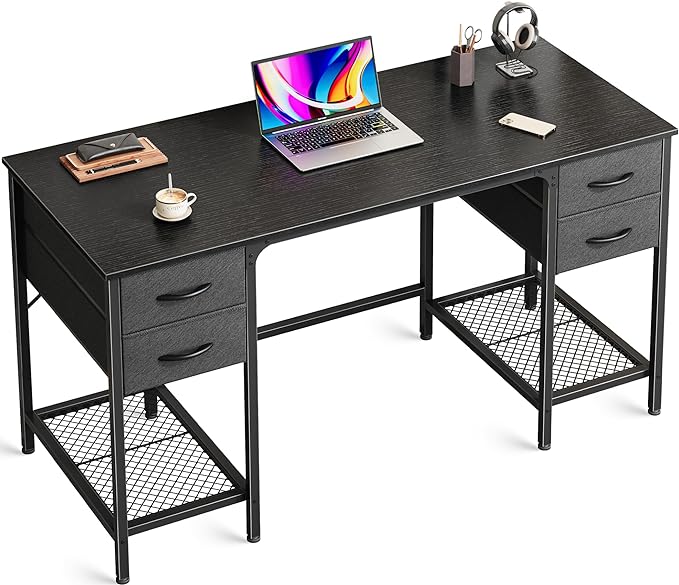 47 Inch Computer Desk with 4 Drawers, Office Desk with Mesh Shelf, Gaming Desk, Large Storage, Writing Desk Work Desk for Home Office, Study, Bedroom, Work from Home, Black - LeafyLoom