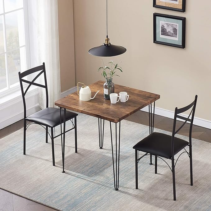 VECELO 3 Piece Kitchen Room Chairs Set for Dinette, Breakfast Nook, Farmhouse, Small Space, Modern Industrial Style, Dining Table for 2, Vintage Brown - LeafyLoom