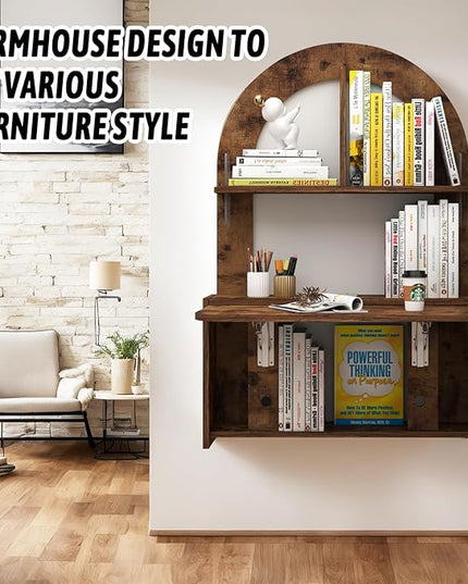 Wall Mounted Drop-Leaf Table, Floating Laptop Desk, Folding Table with Shelves, Multifunctional Computer Workstation Storage Compartments in Home Office for Space Saving (Rustic Brown) - LeafyLoom