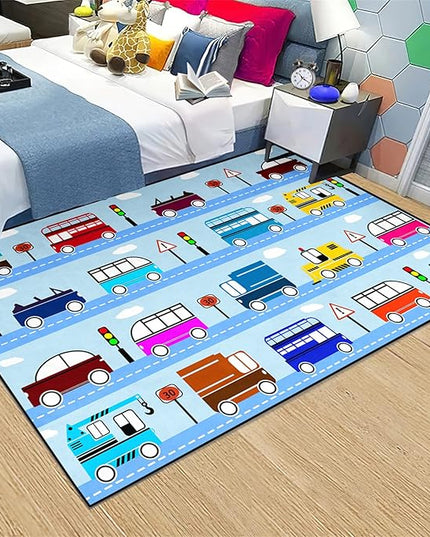 Car Rug Car Play Mat Kids Rugs for Playroom Car Rug Play Mat Rugs for Boys Bedroom Car Carpet for Kids Play Rug for Cars and Trucks Car Rug for Boys Room,Light Blue 3'×5' - LeafyLoom