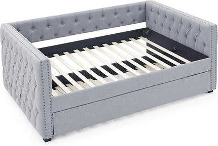 Linen Upholstered Full Size Daybed with Twin Trundle, Solid Wooden Bed Frame w/Button Tufted and Copper Nail on Square Arms, No Spring Box Need, for Kids, Bedroom, Dorm - LeafyLoom