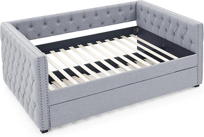 Linen Upholstered Full Size Daybed with Twin Trundle, Solid Wooden Bed Frame w/Button Tufted and Copper Nail on Square Arms, No Spring Box Need, for Kids, Bedroom, Dorm - LeafyLoom