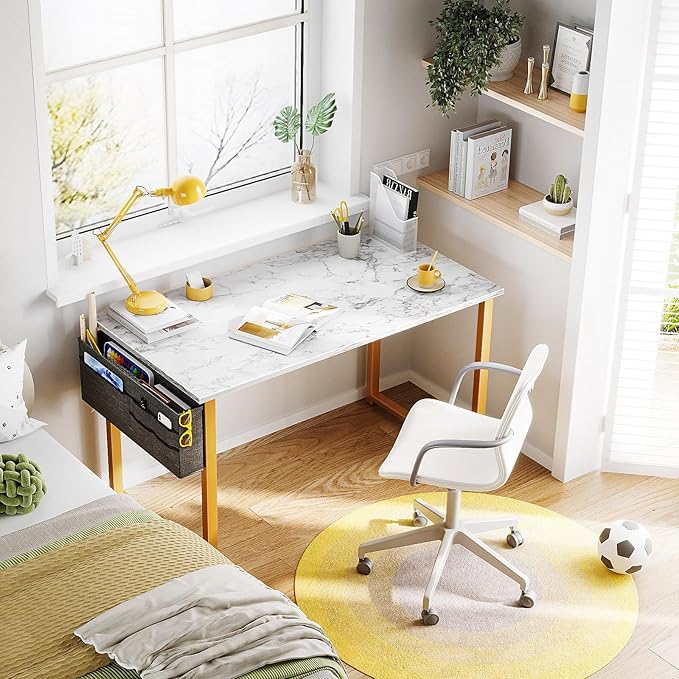 ODK Computer Desk, 40 Inch Small Study Desk, Office Desk with Storage, Work Table with Headphone Hook for Small Space Home Office, White Marble + Gold Leg - LeafyLoom