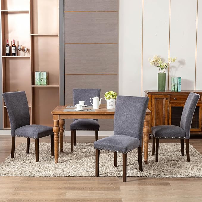 COLAMY Upholstered Parsons Dining Chairs Set of 4, Fabric Dining Room Kitchen Side Chair with Nailhead Trim and Wood Legs - Dark Grey - LeafyLoom