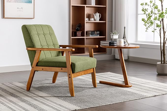 Mid-Century Accent, Modern Single Armchair, Upholstered Leisure Lounge Chair wth Solid Wood Armrest and Feet for Living Room, Bedroom, Office, Green - LeafyLoom