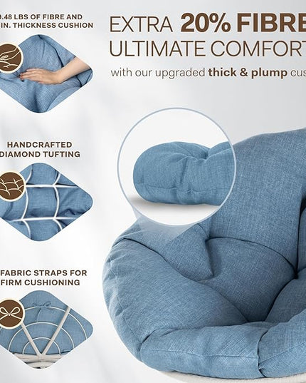 Bme 40" Ergonomic Wicker Papasan Chair with Soft Thick Density Fabric Cushion, High Capacity Steel Frame, 360 Degree Swivel for Living, Bedroom, Reading Room, Lounge, Serene Oasis - White Base - LeafyLoom