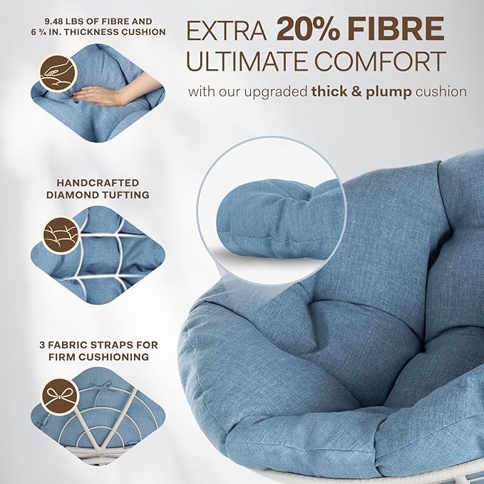 Bme 40" Ergonomic Wicker Papasan Chair with Soft Thick Density Fabric Cushion, High Capacity Steel Frame, 360 Degree Swivel for Living, Bedroom, Reading Room, Lounge, Serene Oasis - White Base - LeafyLoom