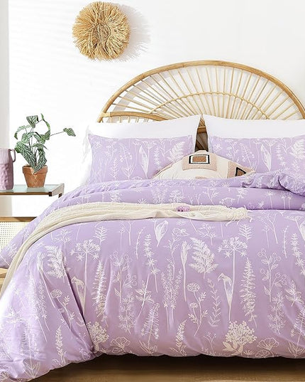JANZAA Queen Comforter Set Floral Comforter Sets Queen Size Bedding Set Purple Comforter for All Season with 2 Pillow Shams Cute and Comfortable - LeafyLoom